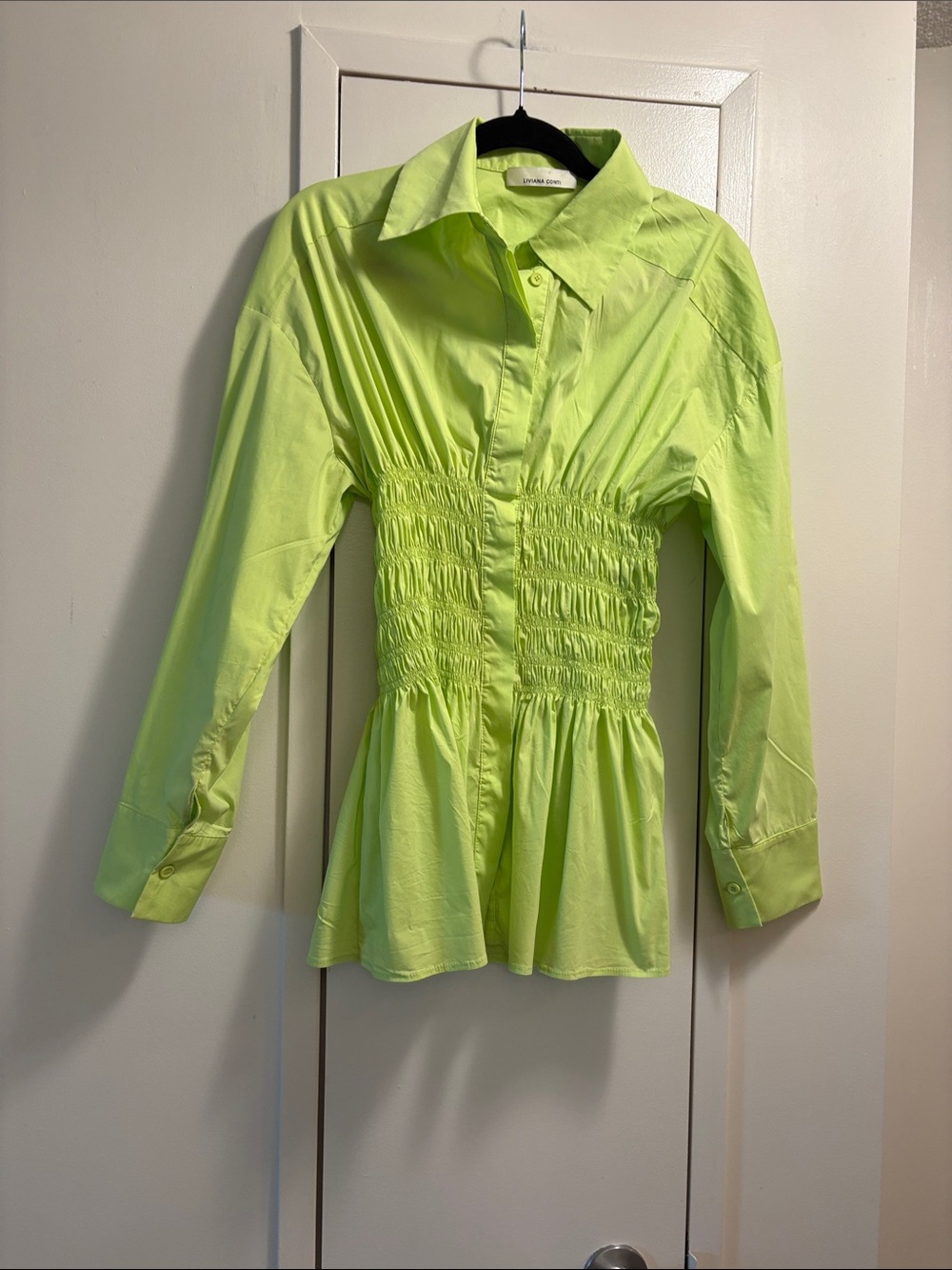 Liviana Conti Women’s Lime Green Smocked Waist Button-Up Top